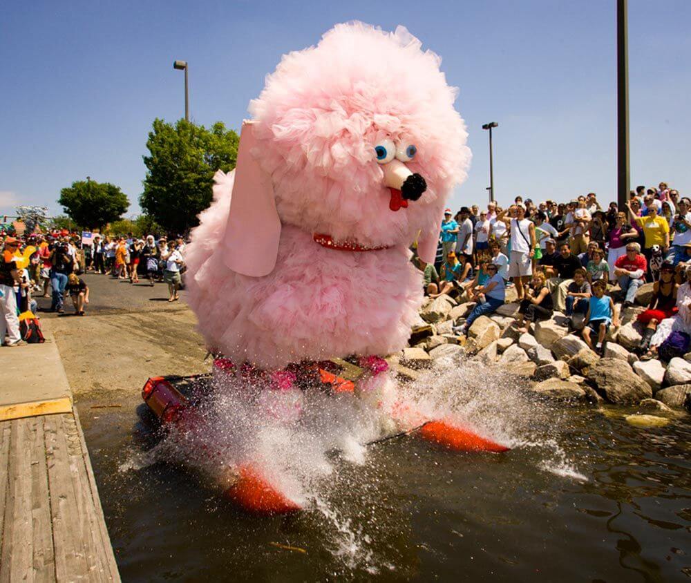 An image from the 20th Annual American Visionary Art Museum Kinetic Sculpture
                Parade, showcasing a float that looks like a giant, pink, fluffy poodle driving down the road with
                onlookers cheering.
